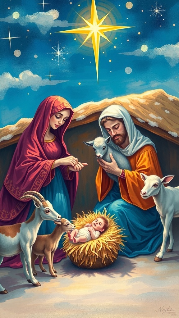 A serene Christmas manger scene painting with Mary, Joseph, and baby Jesus under a starlit sky.